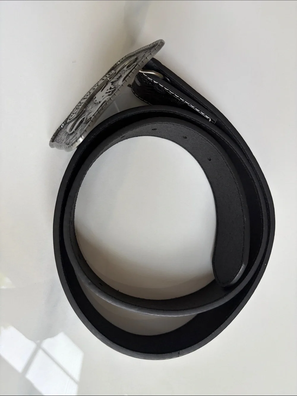 Cowboy Up Western Floral Tooled Black Leather Belt Large XL Silver Trophy Buckle